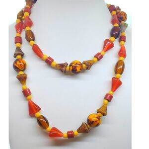 Vintage Art Glass Bead Necklace Marbled Long 30" Retro Jewelry Statement Boho